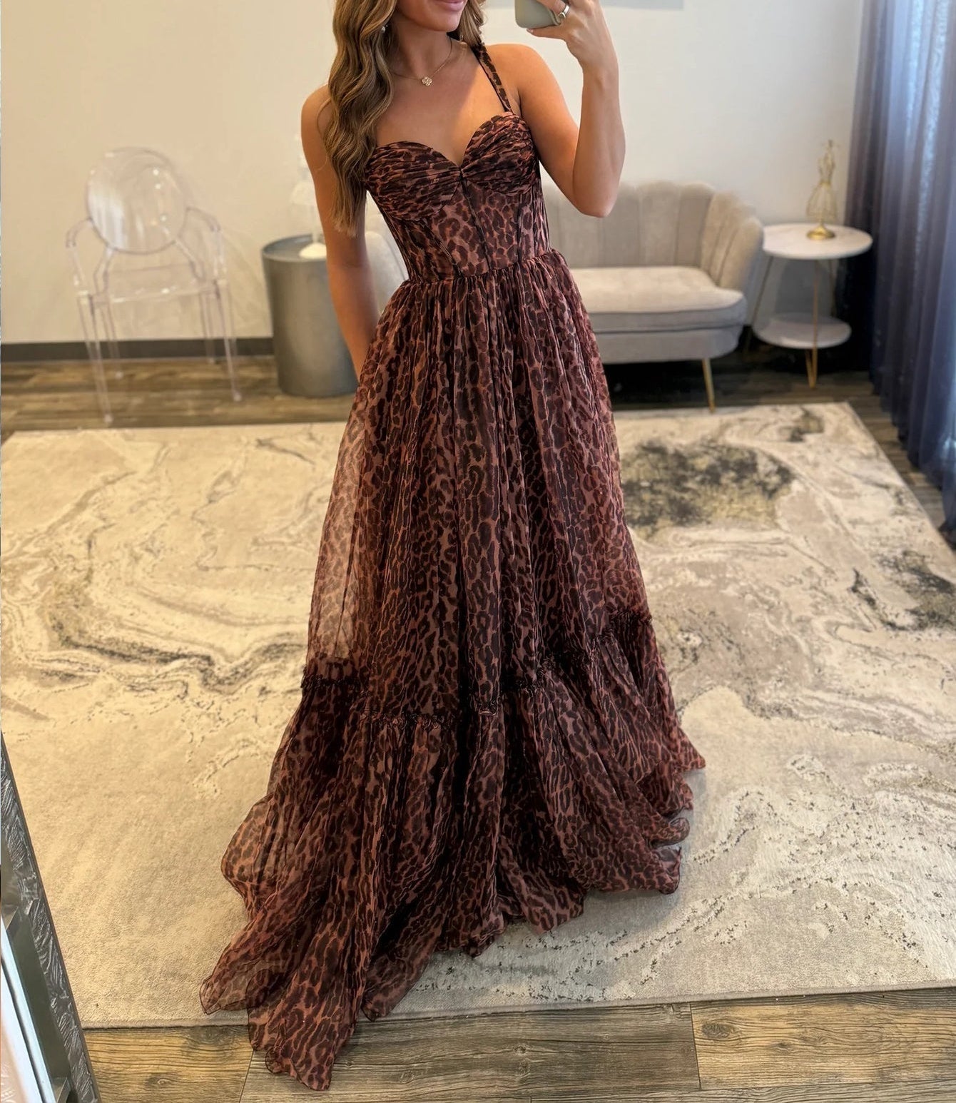 Sweetheart Bodice Printing Ball Gown Long Prom Dress - Leopard Print