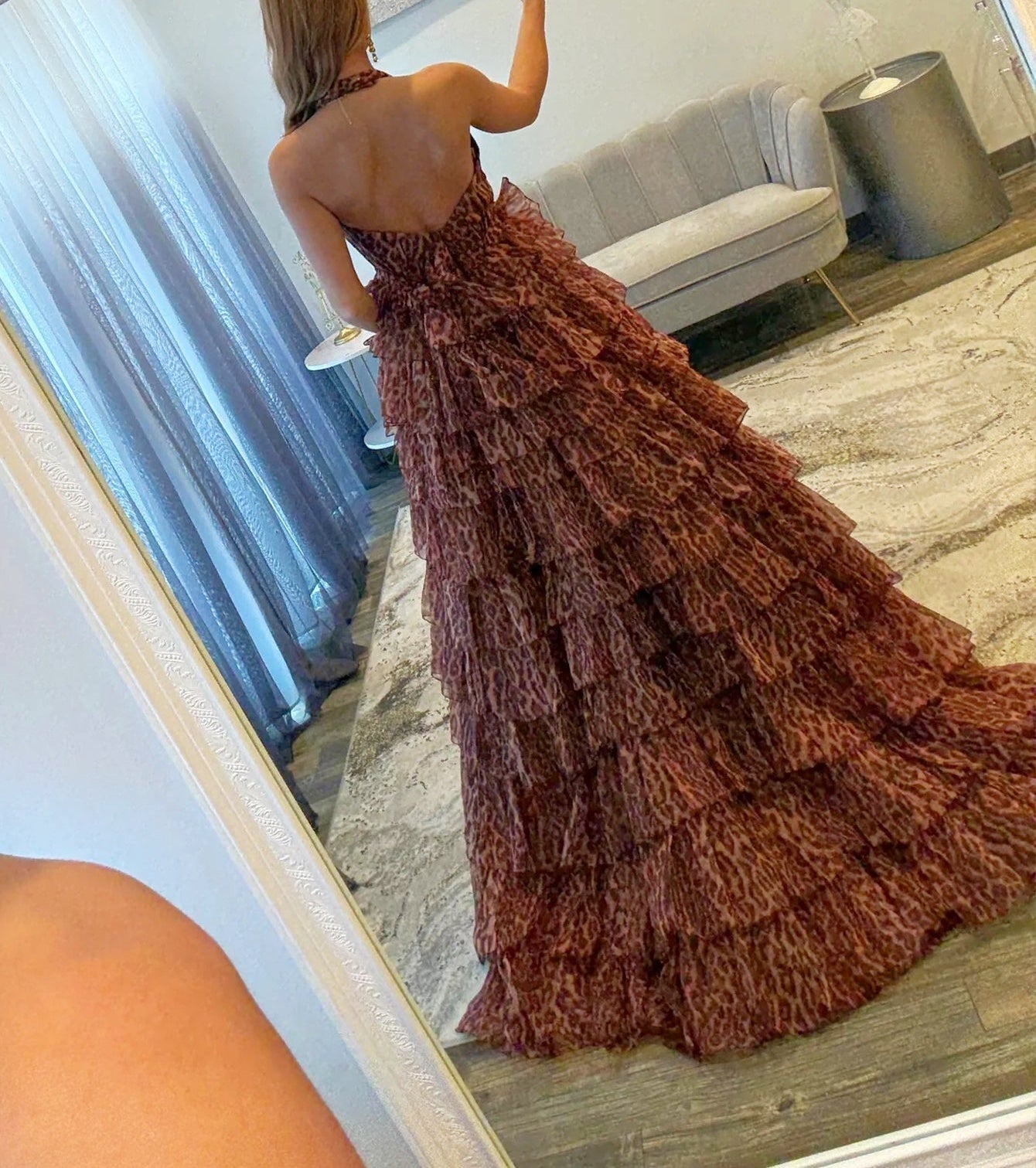 Halter Ruffle Tiered Printing Ball Gown Long Prom Dress  - Leopard Print