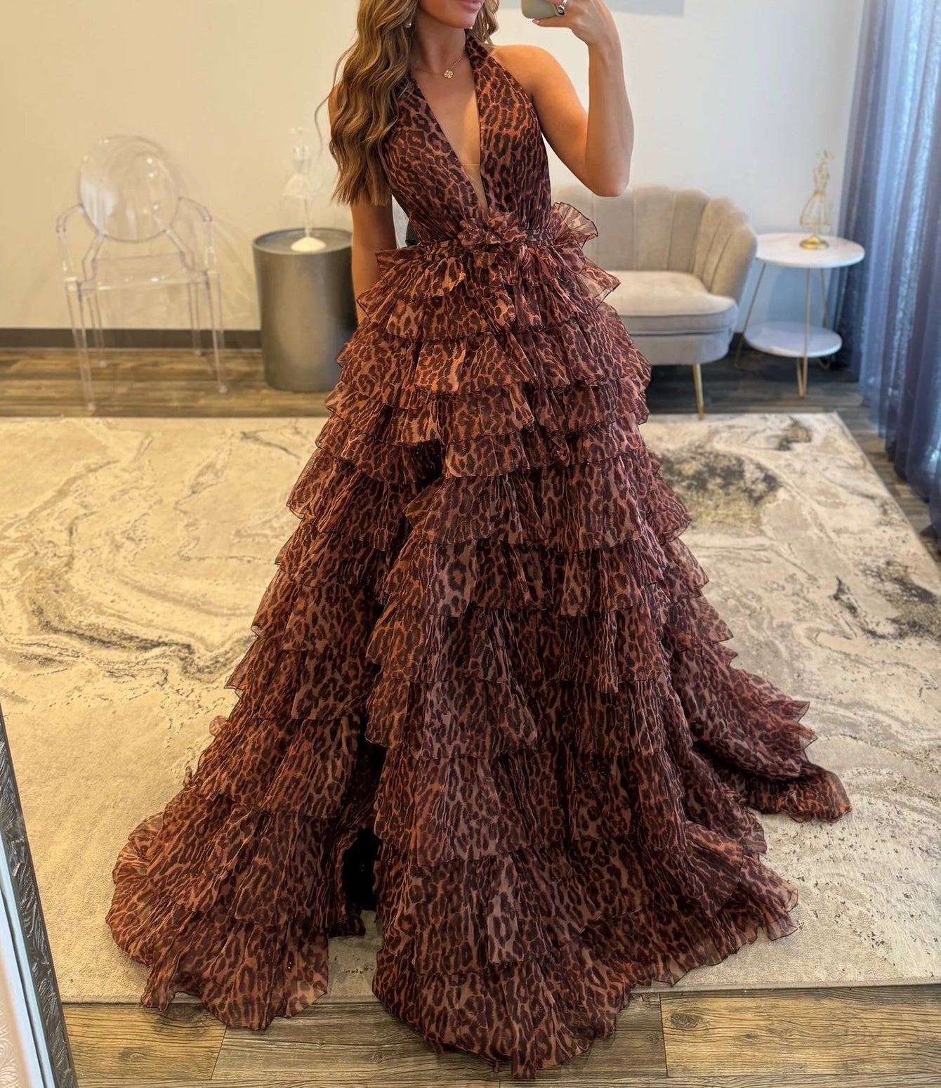 Halter Ruffle Tiered Printing Ball Gown Long Prom Dress  - Leopard Print