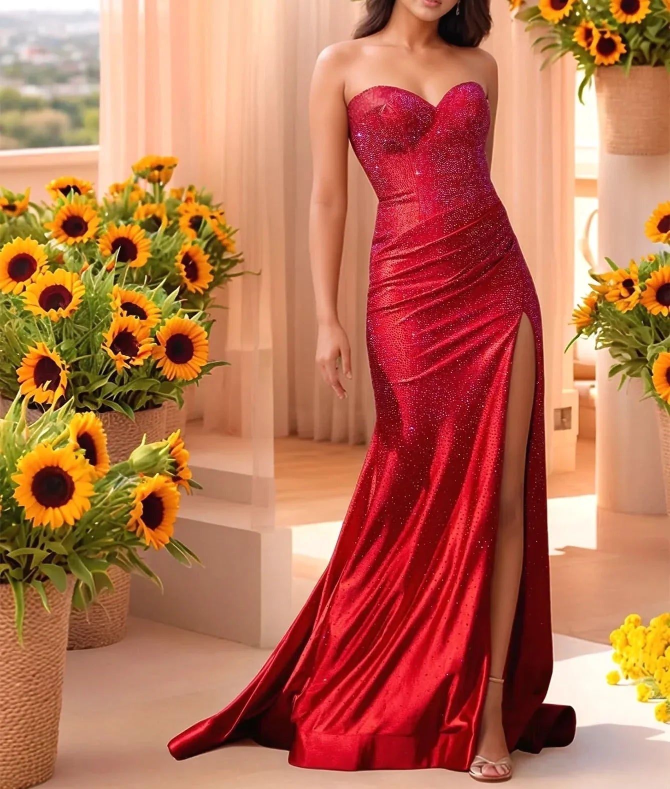 Hot Fix Bodice Strapless Mermaid Evening Dress With Slit - Red