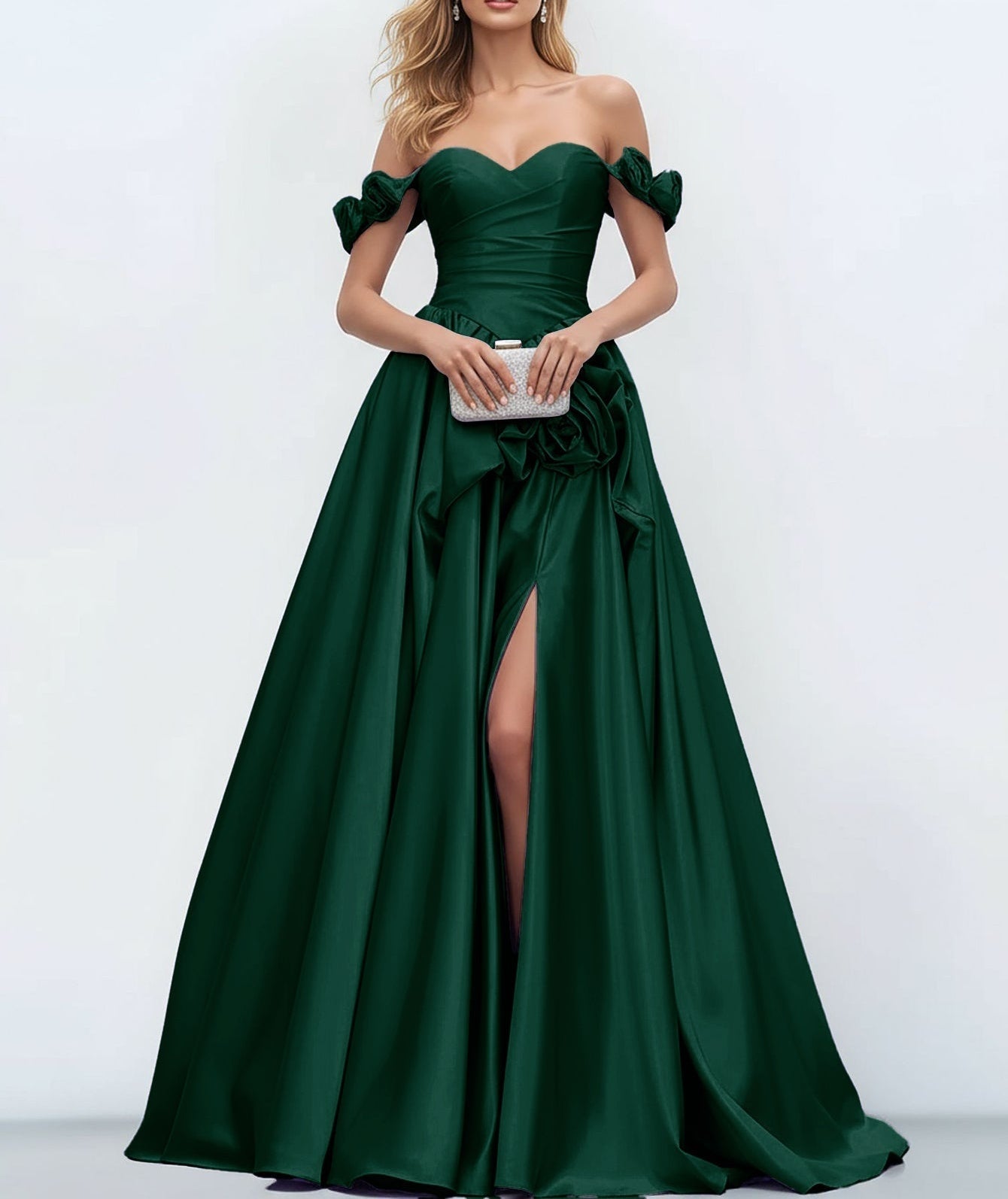 Off Shoulder 3D Rose Pick Up Satin Ball Gown Evening Dress - Emerald Green