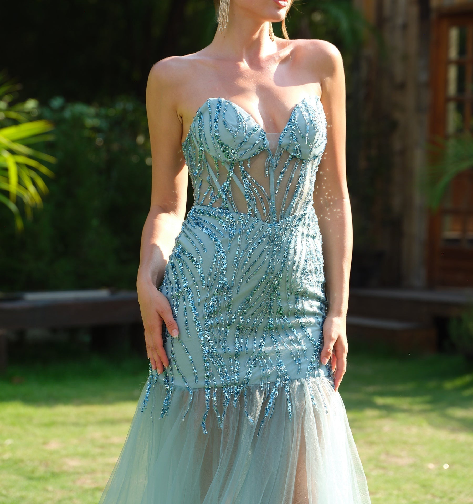 Sparkly Sequin Evening Dress with Lace Up Back - Blue