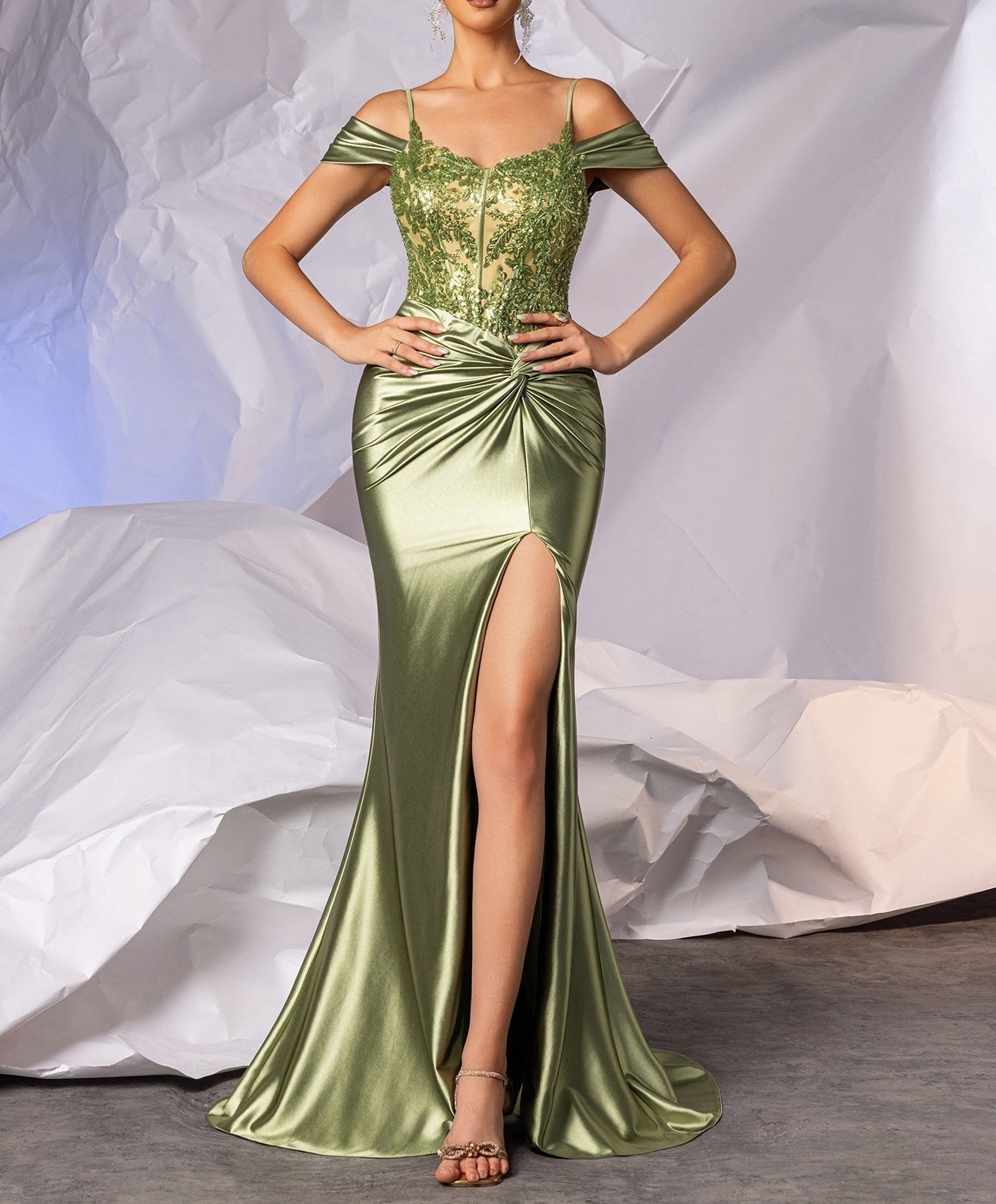 Off Shoulder Pleated Lace Embroidery Mermaid Prom Dress - Sage Green
