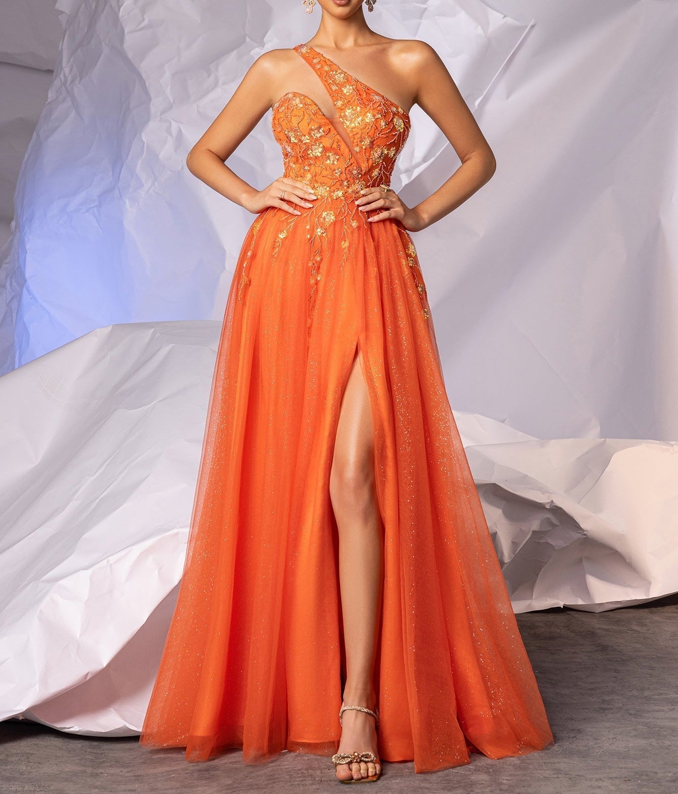 Asymmetrical Sparkly Lace Prom Dress Long - Orange