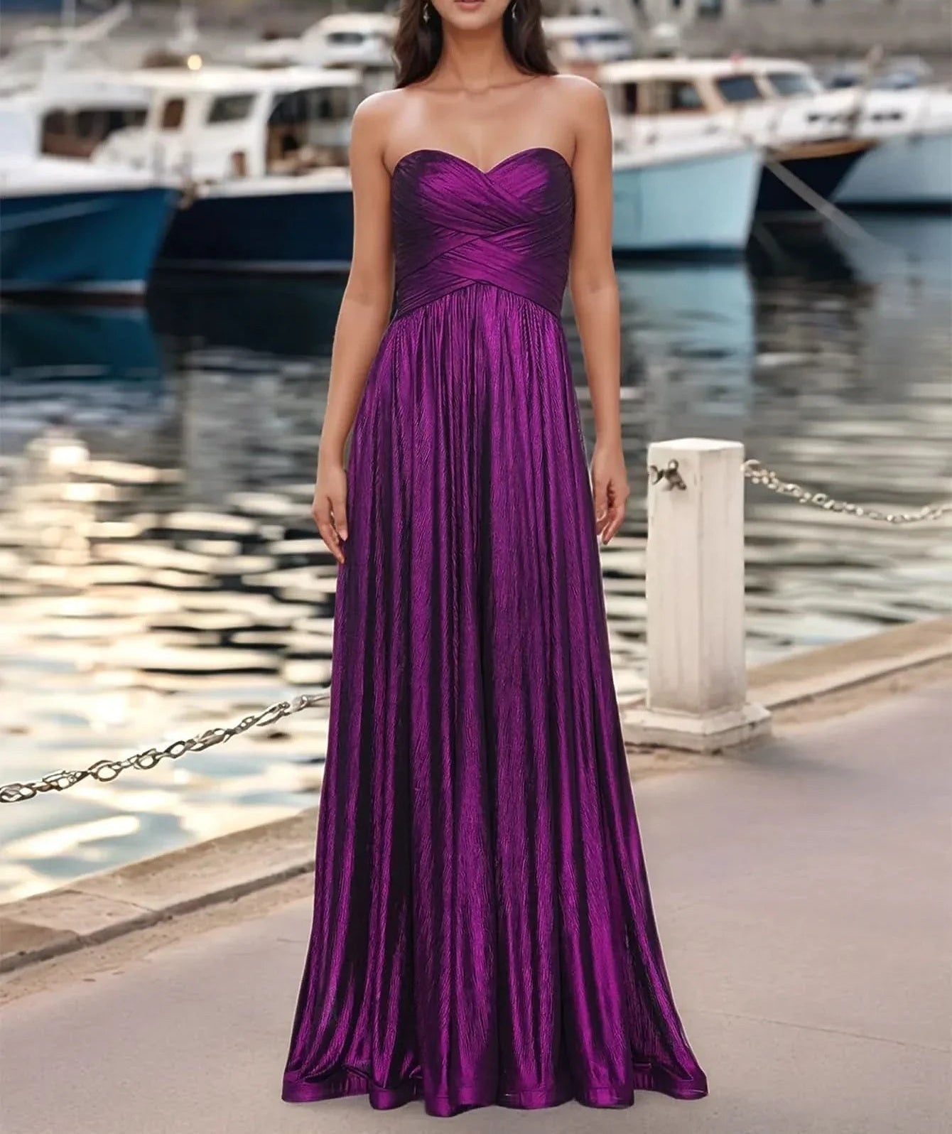 Pleated Corset Top Strapless Satin A-Line Prom Dress - Purple