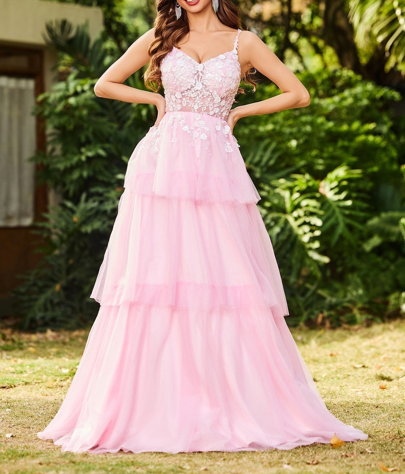 3D Floral Embroidery Illusion Bandage Ruffle Prom Dress - Pink