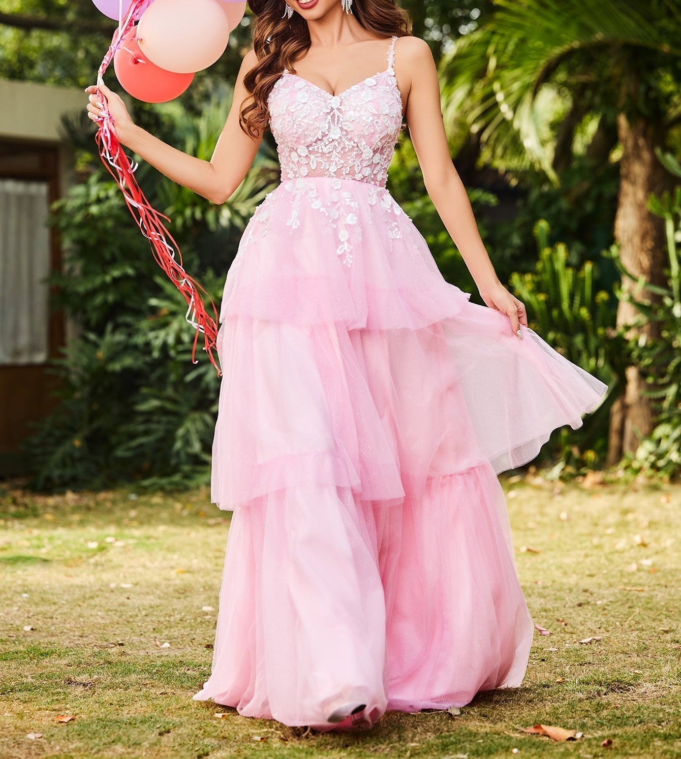 3D Floral Embroidery Illusion Bandage Ruffle Prom Dress - Pink