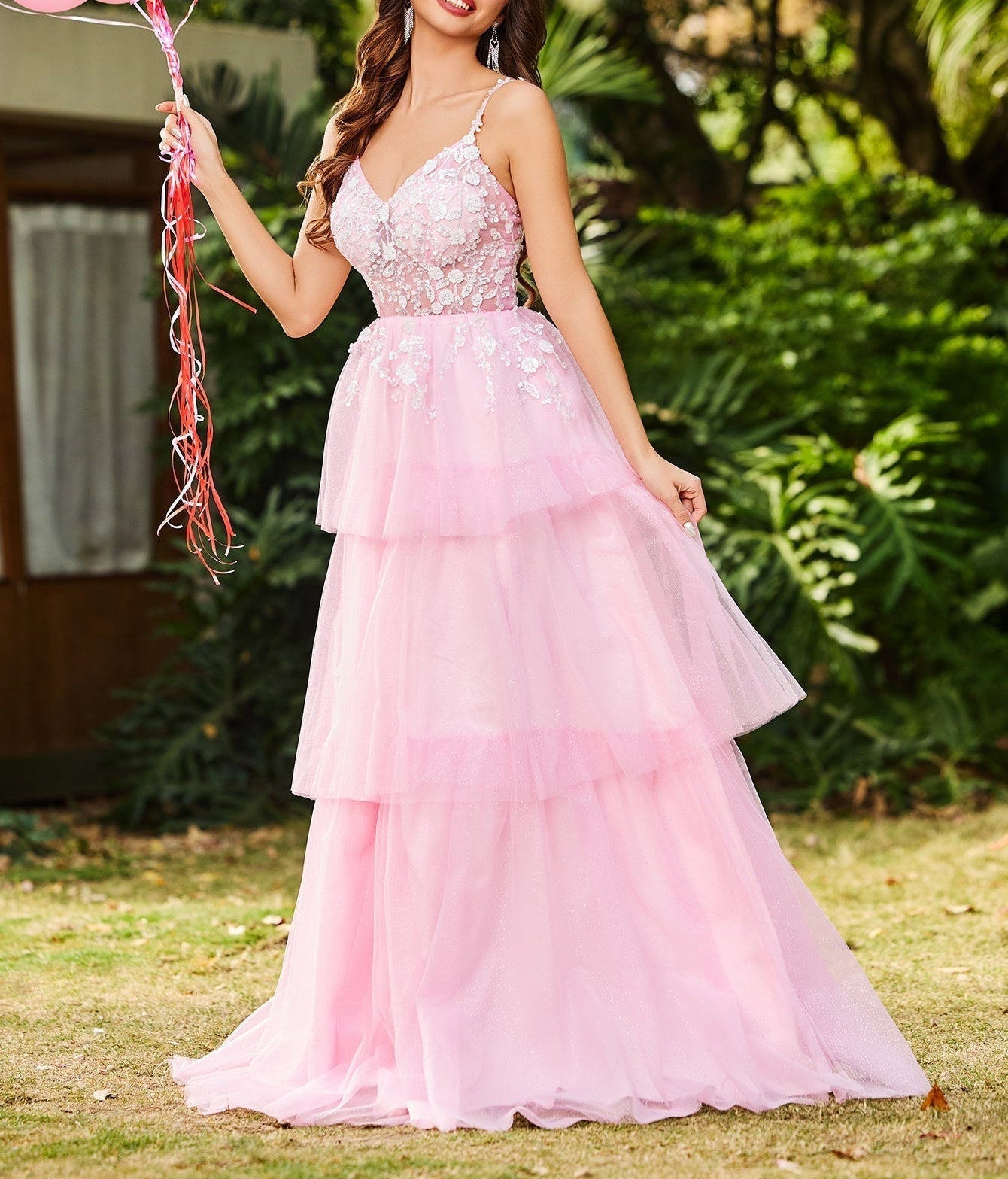 3D Floral Embroidery Illusion Bandage Ruffle Prom Dress - Pink