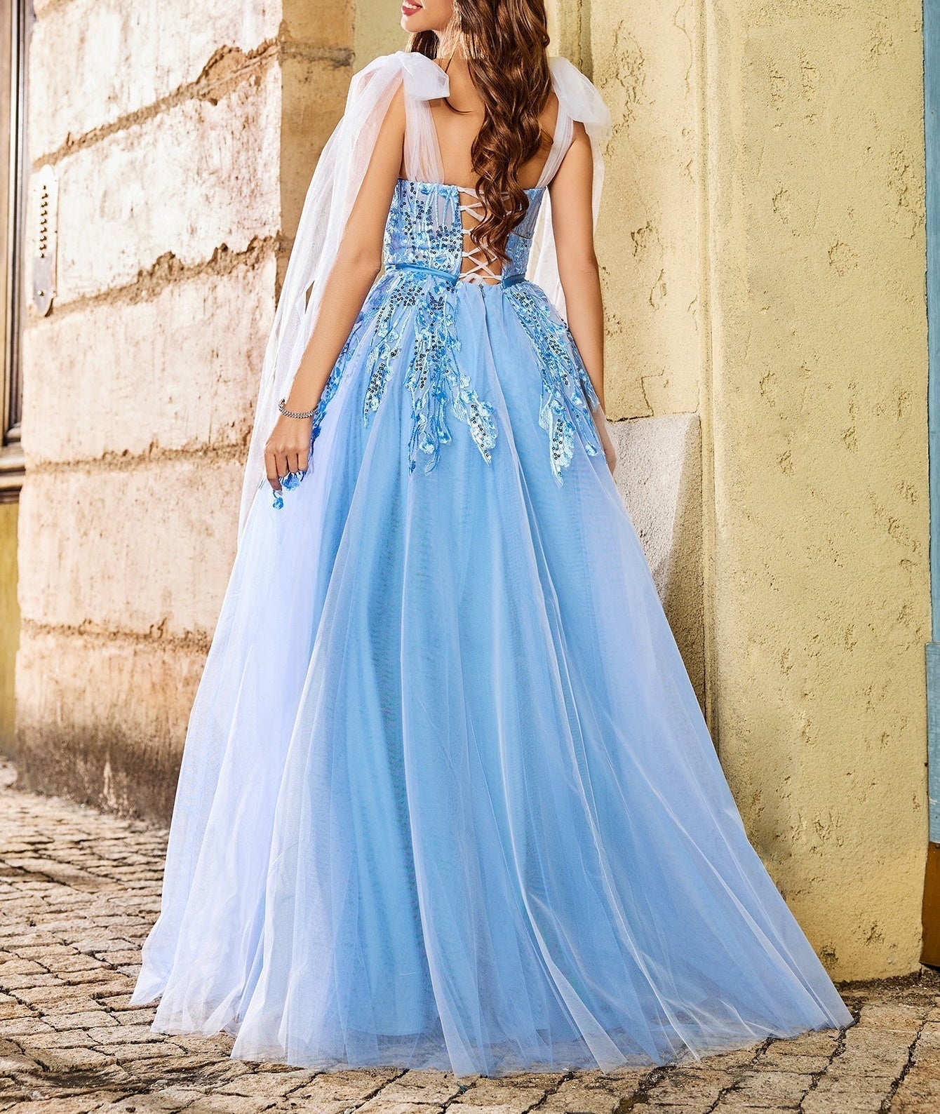 Lace Bow 3D Embroidery Floral Prom Gown - Sky Blue