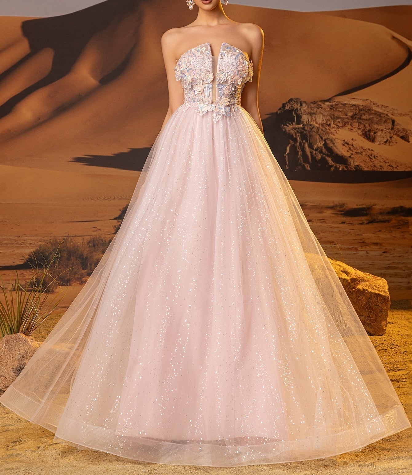 3D Rose Embroidery Sparkly Lace Plunging Ball Gown Prom Dress - Light Pink