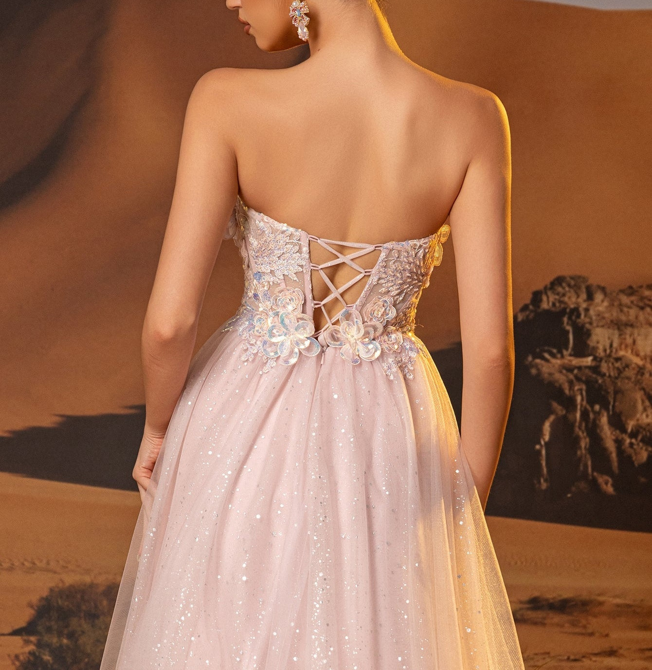 3D Rose Embroidery Sparkly Lace Plunging Ball Gown Prom Dress - Light Pink