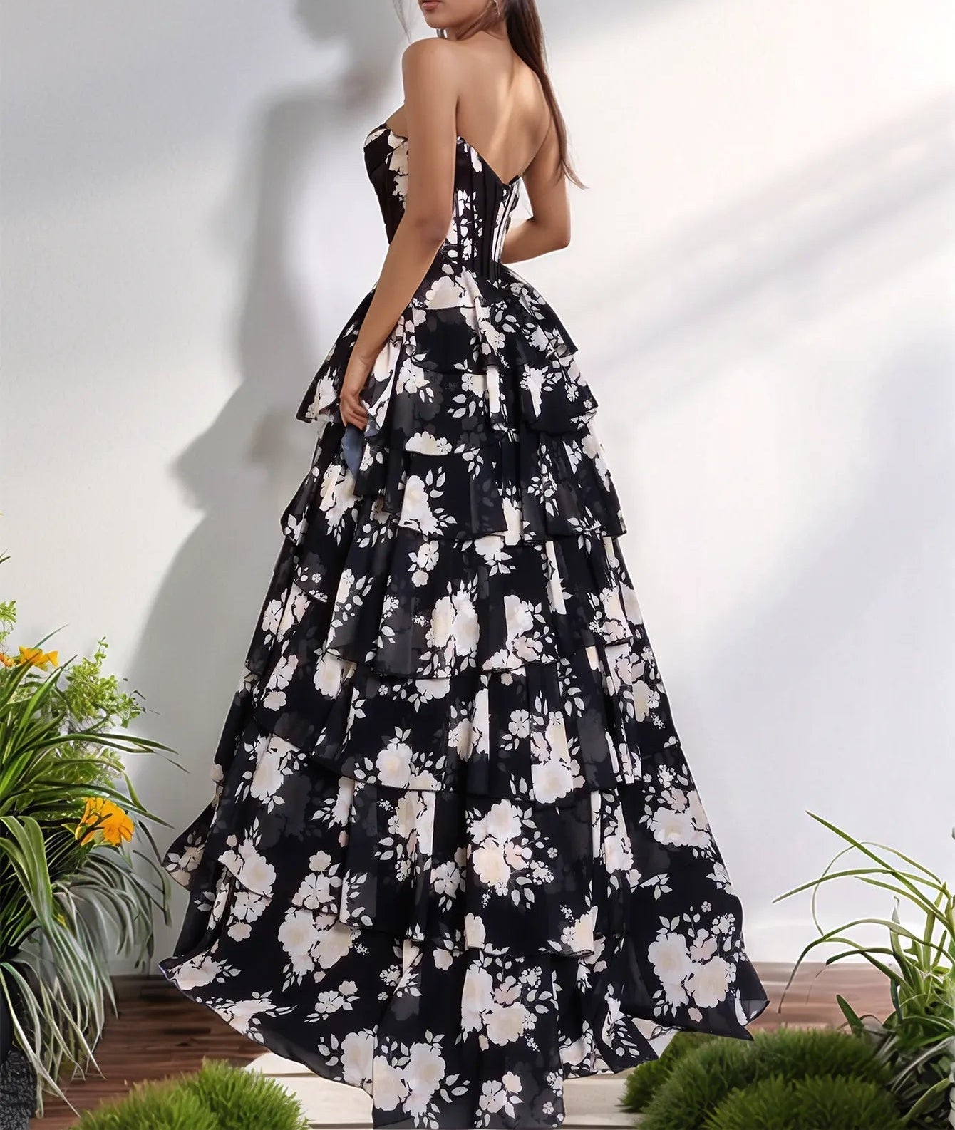 Printing Bodice Strapless Ball Gown Tiered Long Prom Dress - Pink