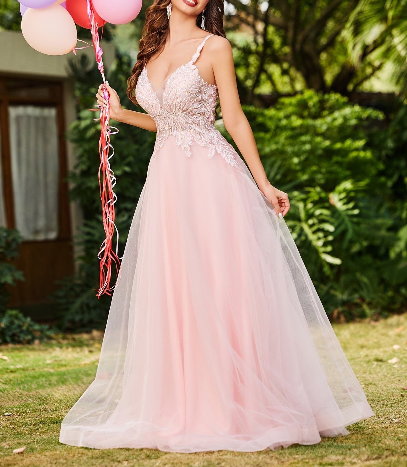 Pretty Hot Fix Sparkly Crystal Embroidery Ball Gown Prom Dress - Pink