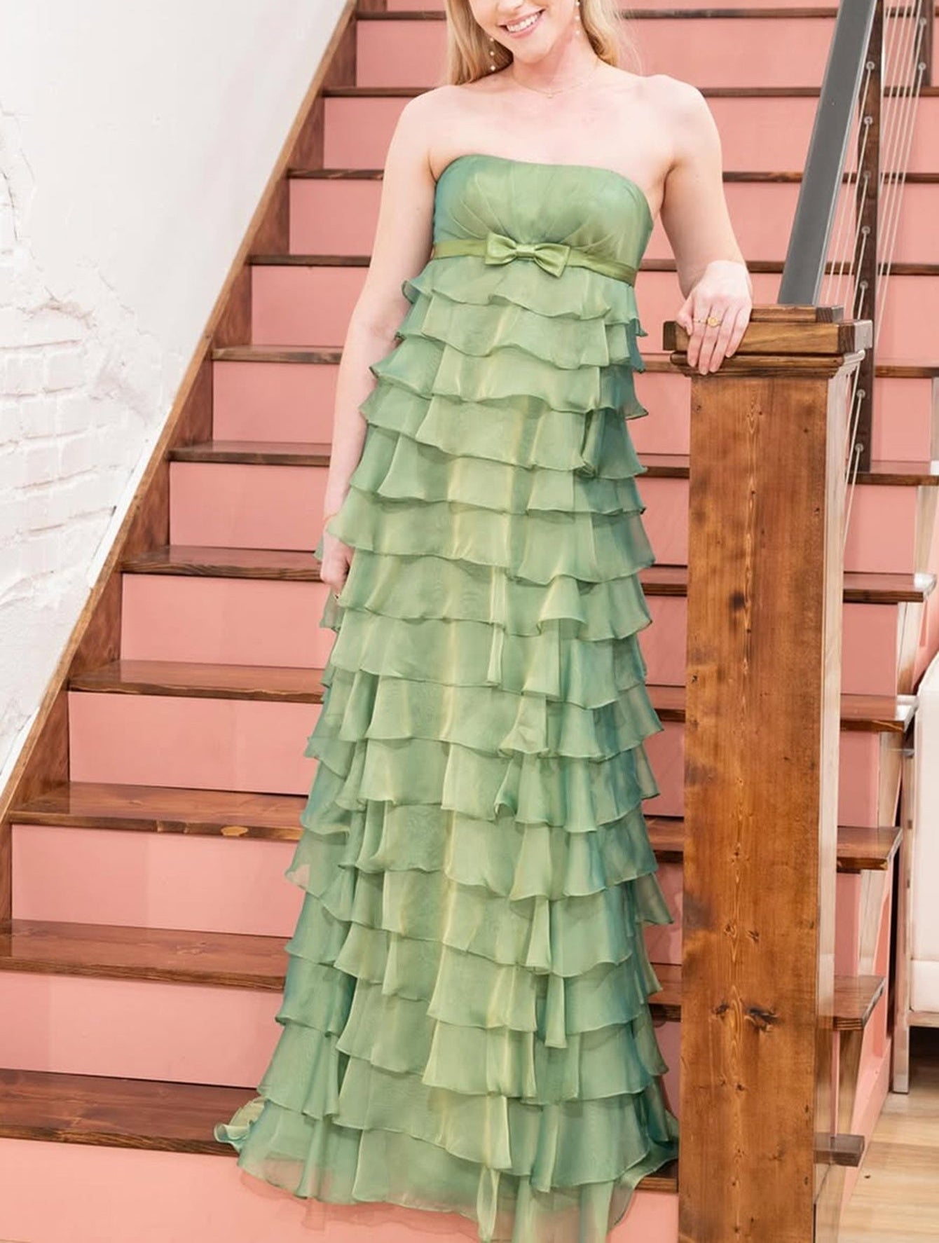 Ruffle Bow Chiffon Prom Dress With Belt - Olive Green