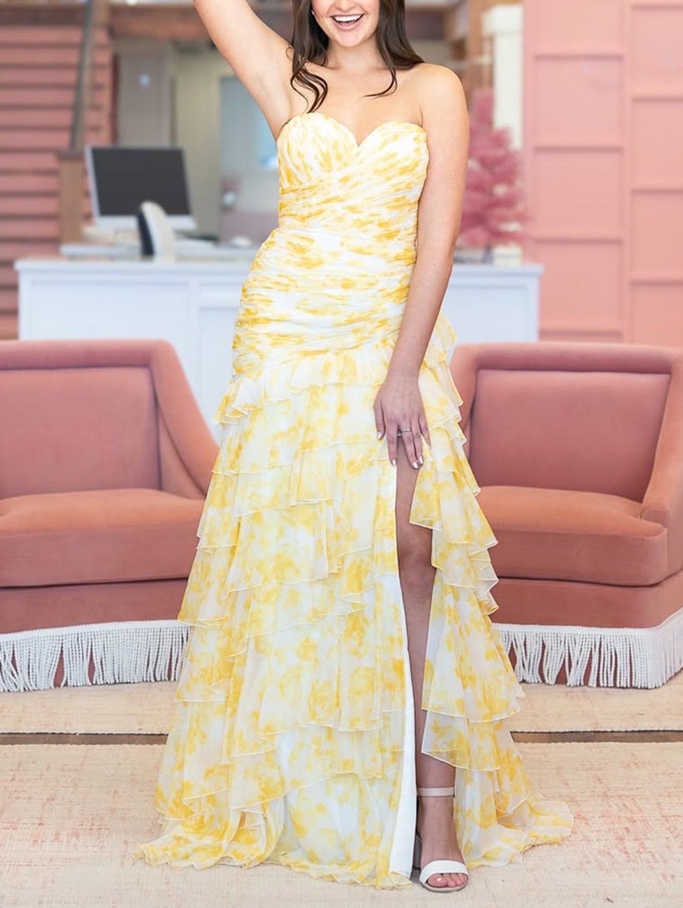 Pleated Layered Sheath Chiffon Long Prom Dress - Yellow