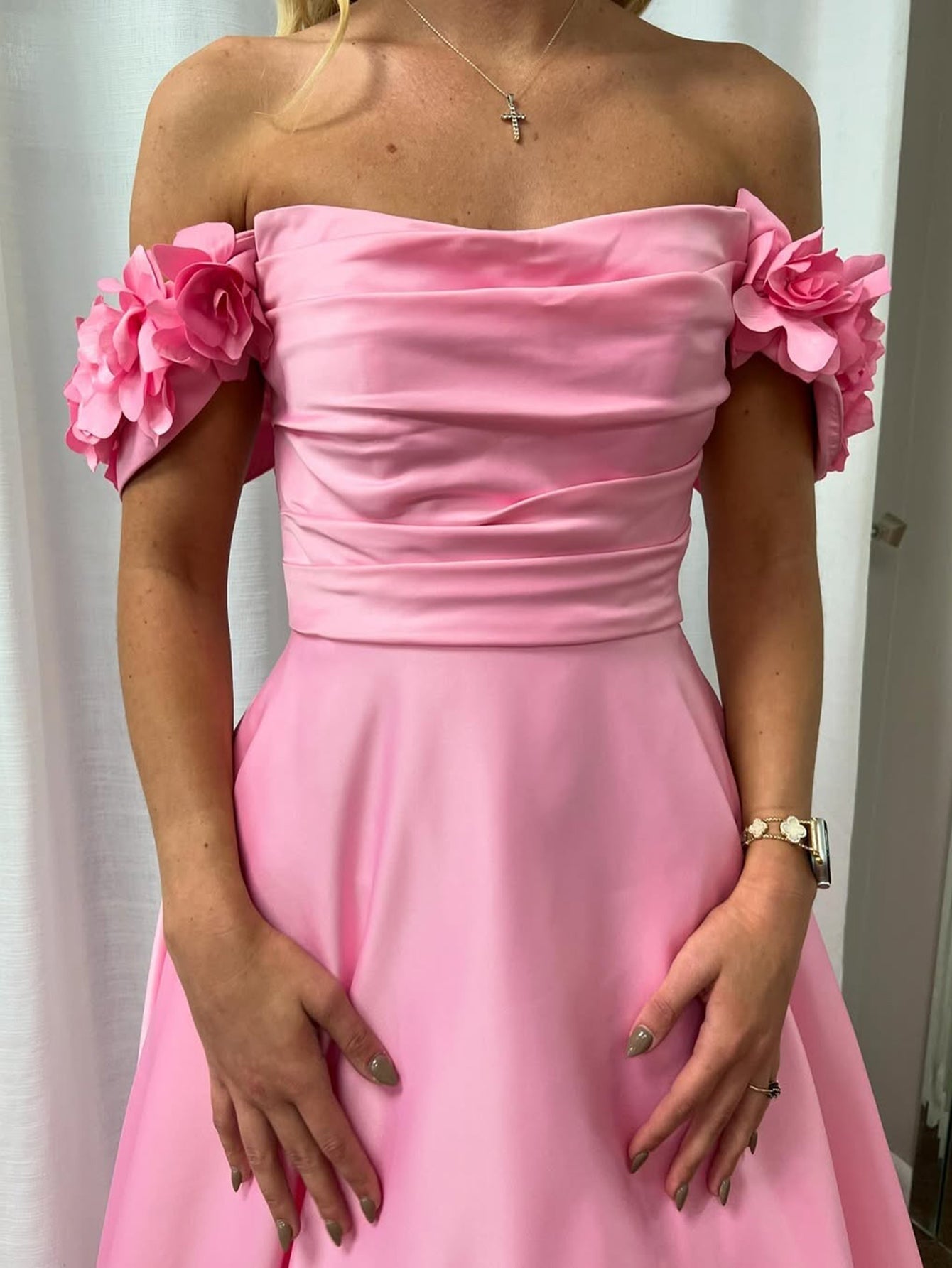 3D Rose Off Shoulder Ball Gown Prom Dress - Blush Pink