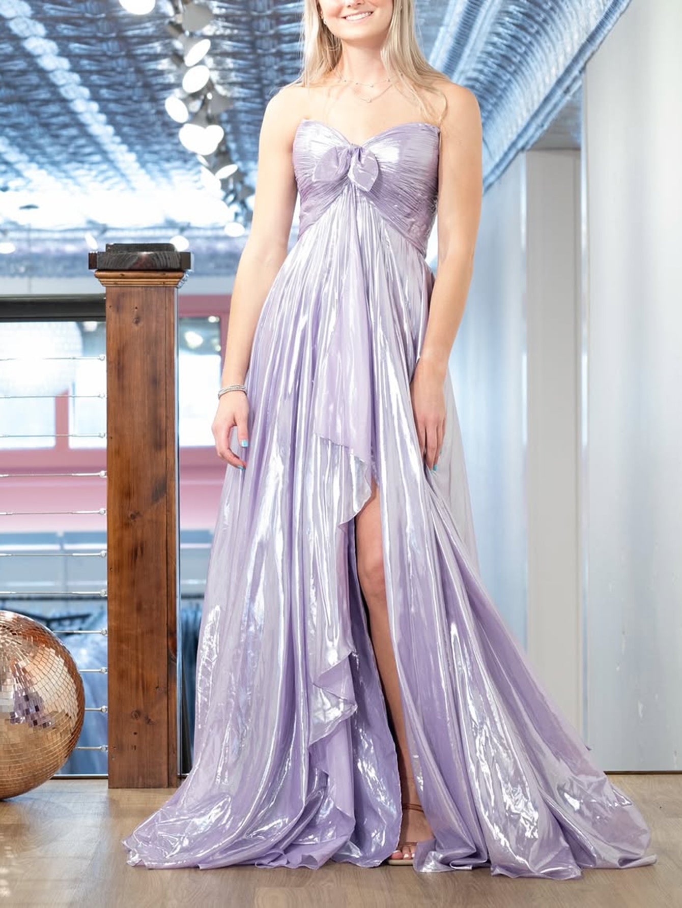 Pleated Bow Strapless Prom Dress With Split - Lilac