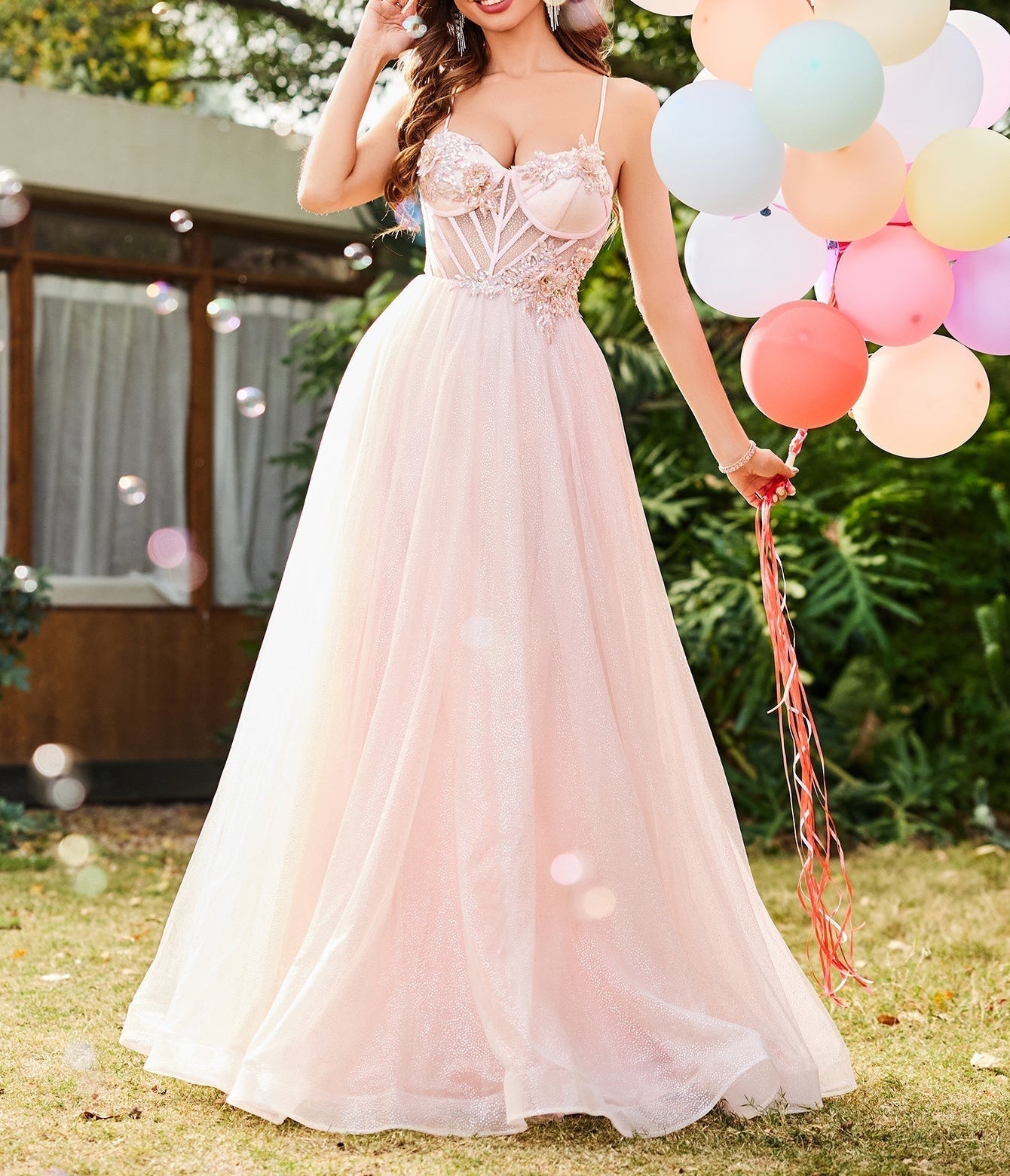 3D Rose Illusion Bodice Sparkly Long Prom Dress - Blush Pink