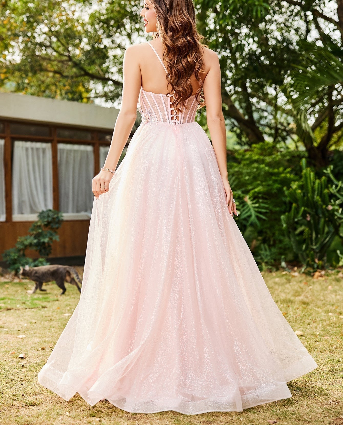 3D Rose Illusion Bodice Sparkly Long Prom Dress - Blush Pink