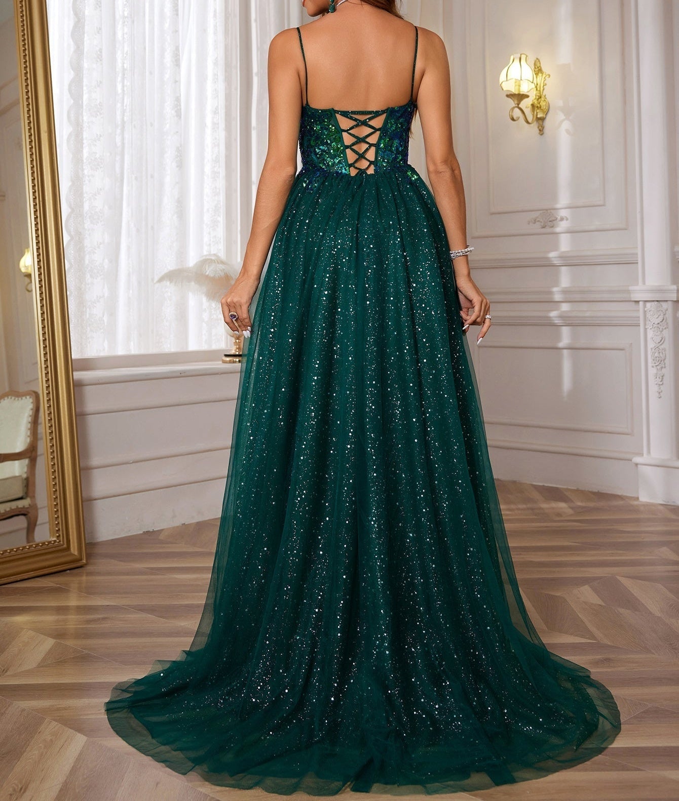 Sparkly Lace Deep V Neck Long Prom Dress - Dark Green