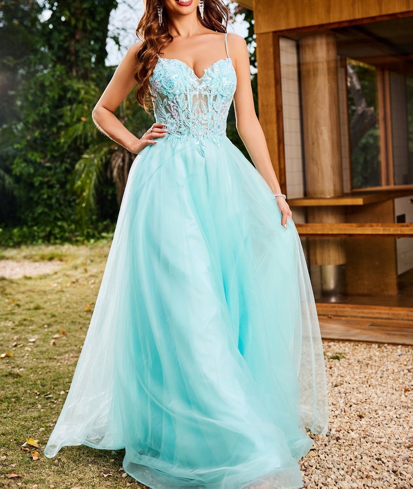 Luxury Beaded Sheer Bodice Ball Gown Prom Dress - Baby Blue