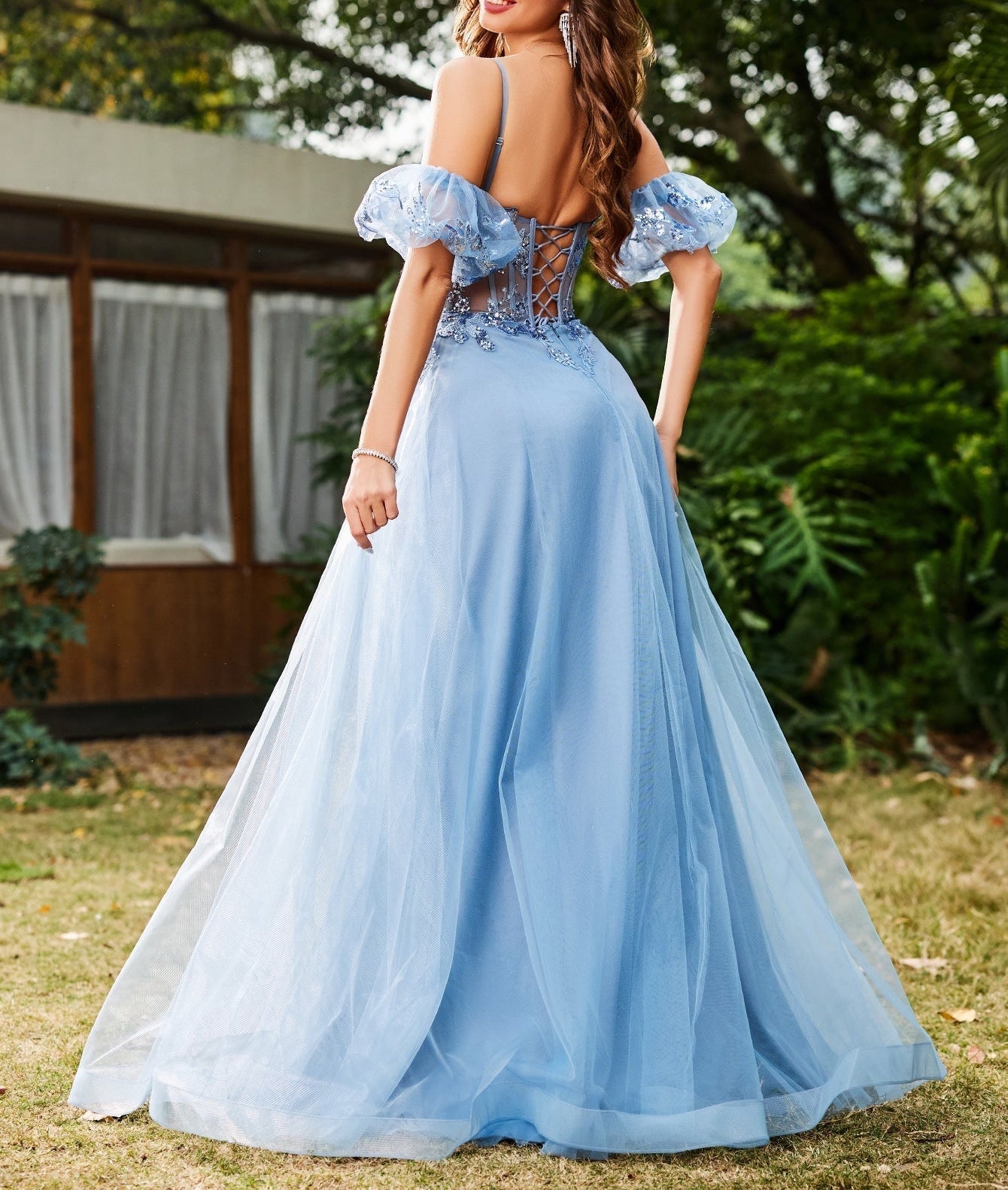 Sparkly Lace Removable Sleeves Ball Gown Prom Dress - Dusty Blue