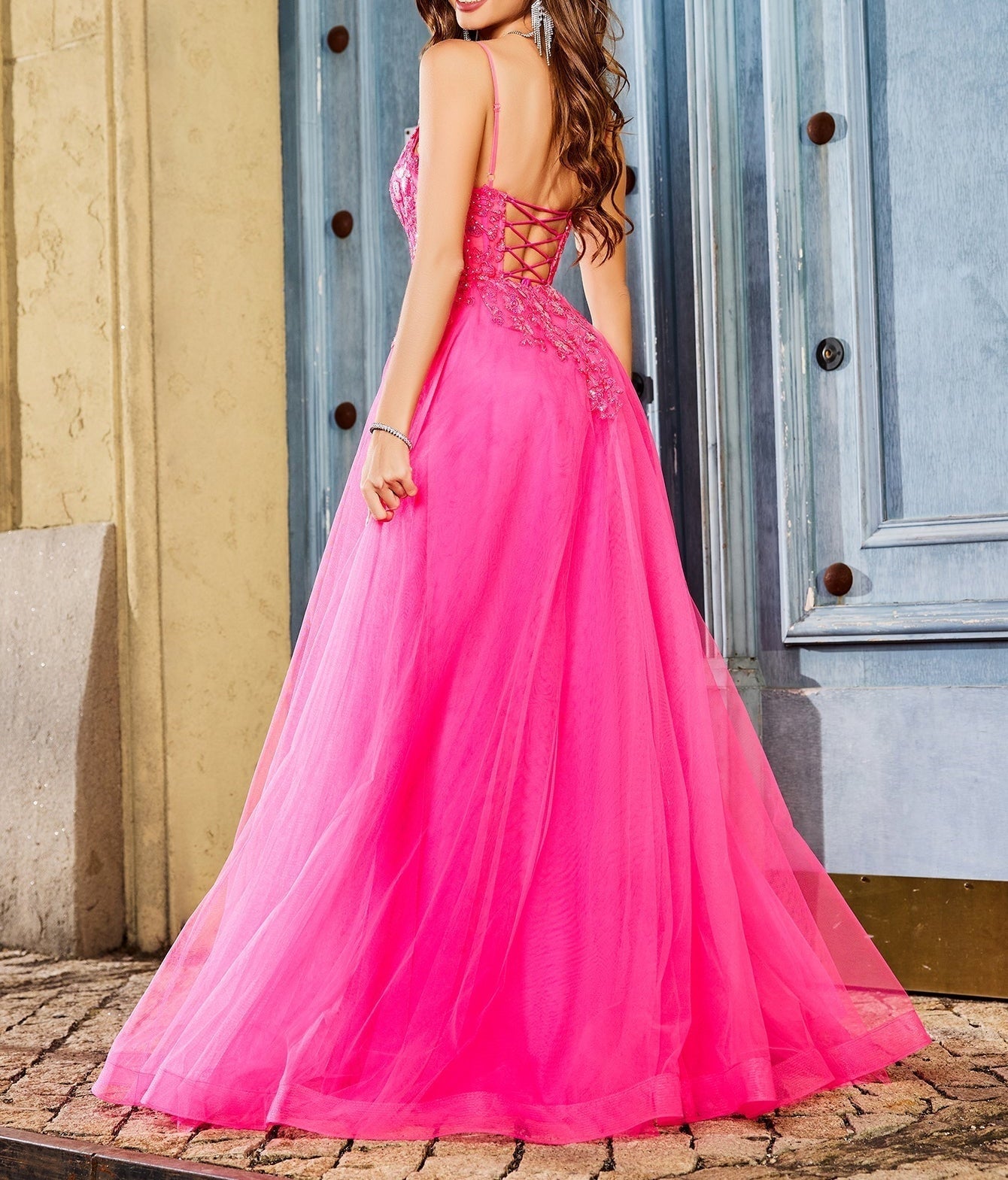 Square Lace Embroidery Ball Gown Prom Dress - Hot Pink