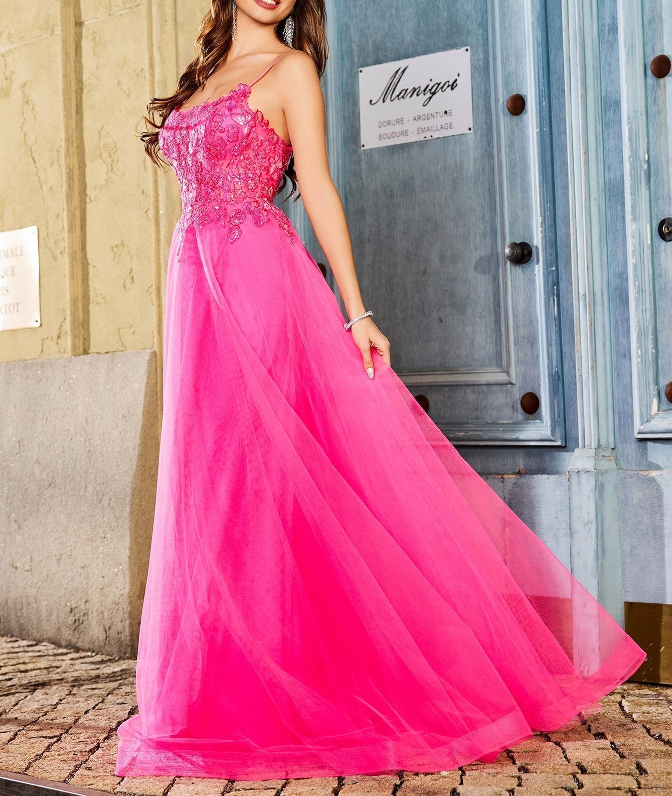 Square Lace Embroidery Ball Gown Prom Dress - Hot Pink