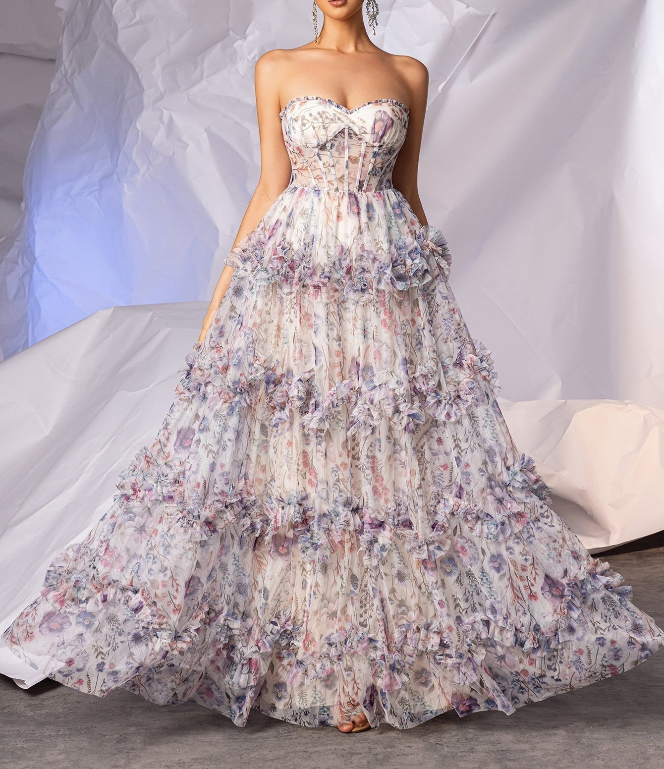 Printing Boned Ball Gown Prom Dress With Ruffle - Colorful Floral