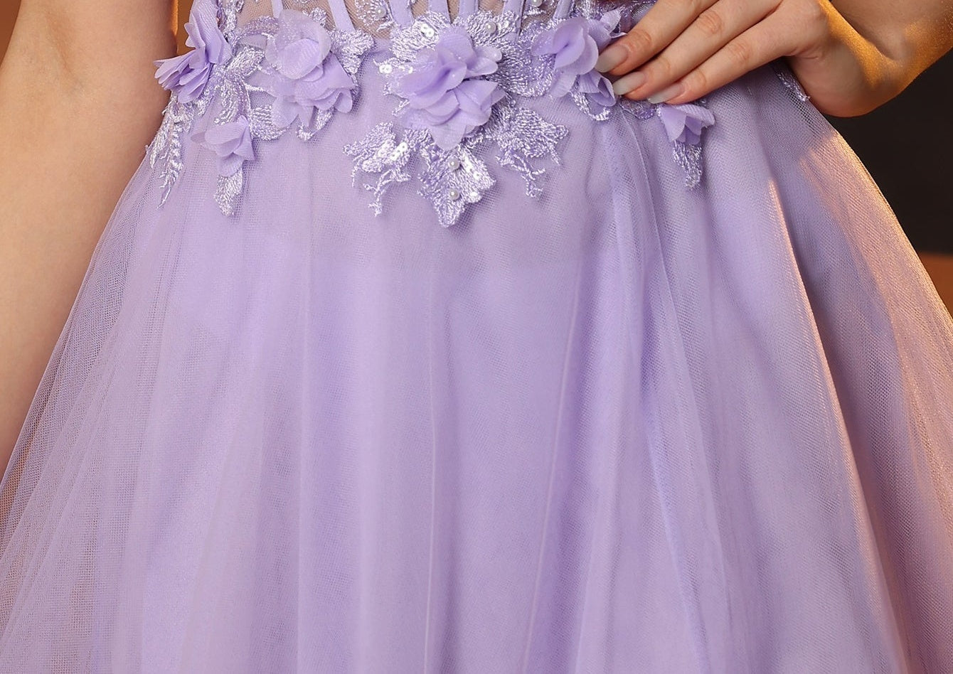 Hand Made Floral Beaded Prom Dress With Split - Lilac