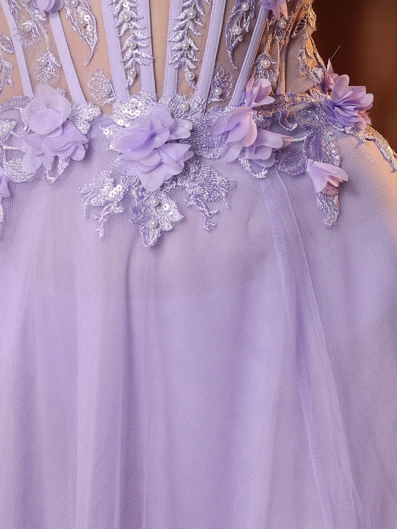 Hand Made Floral Beaded Prom Dress With Split - Lilac