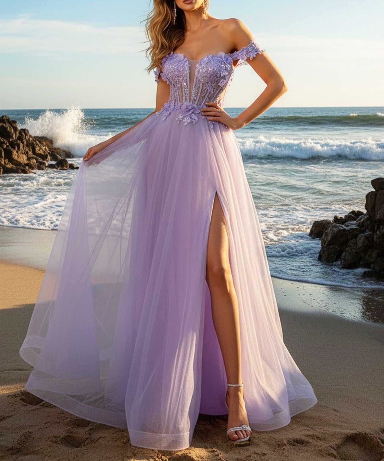Hand Made Floral Beaded Prom Dress With Split - Lilac