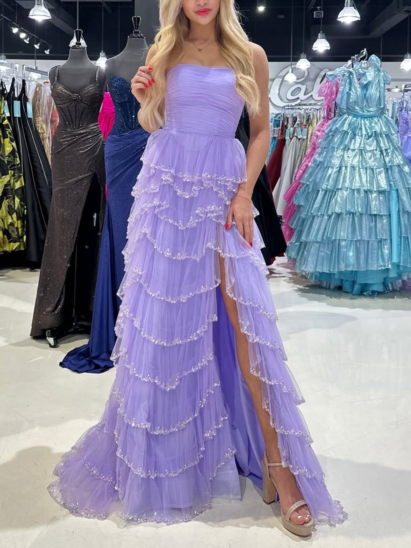 Strapless Pleates Beaded Tiered Prom Dress With Split - Lilac