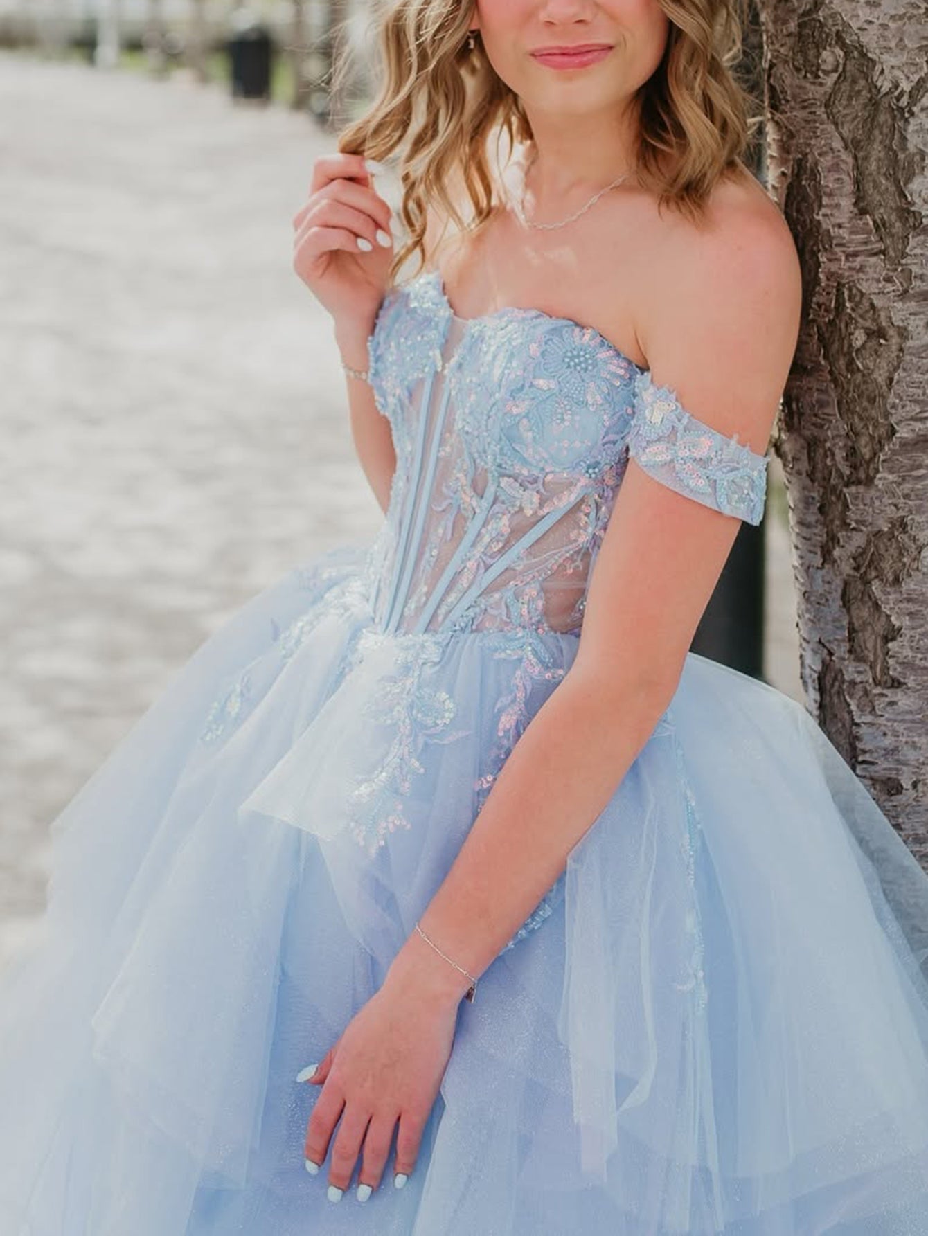 Illusion Bodice Lace Embroidery Ball Gown Prom Dress - Baby Blue