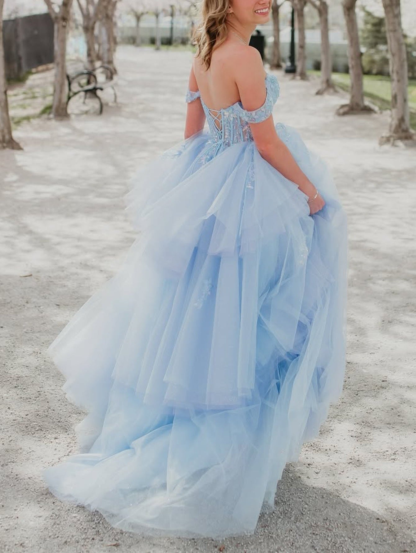Illusion Bodice Lace Embroidery Ball Gown Prom Dress - Baby Blue