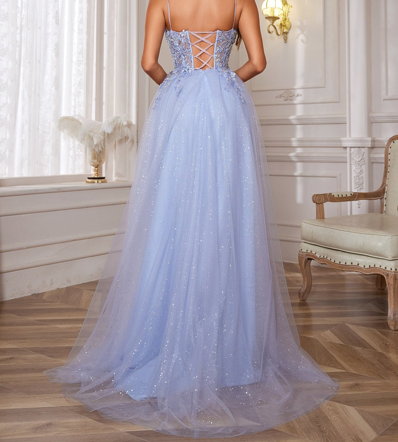 Lace Embroidery Deep V-Neck Boned Illusion Long Prom Dress - Baby Blue
