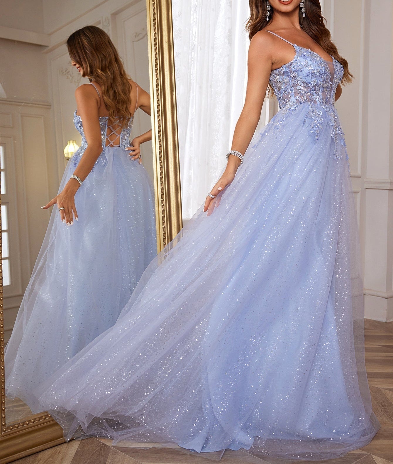 Lace Embroidery Deep V-Neck Boned Illusion Long Prom Dress - Baby Blue