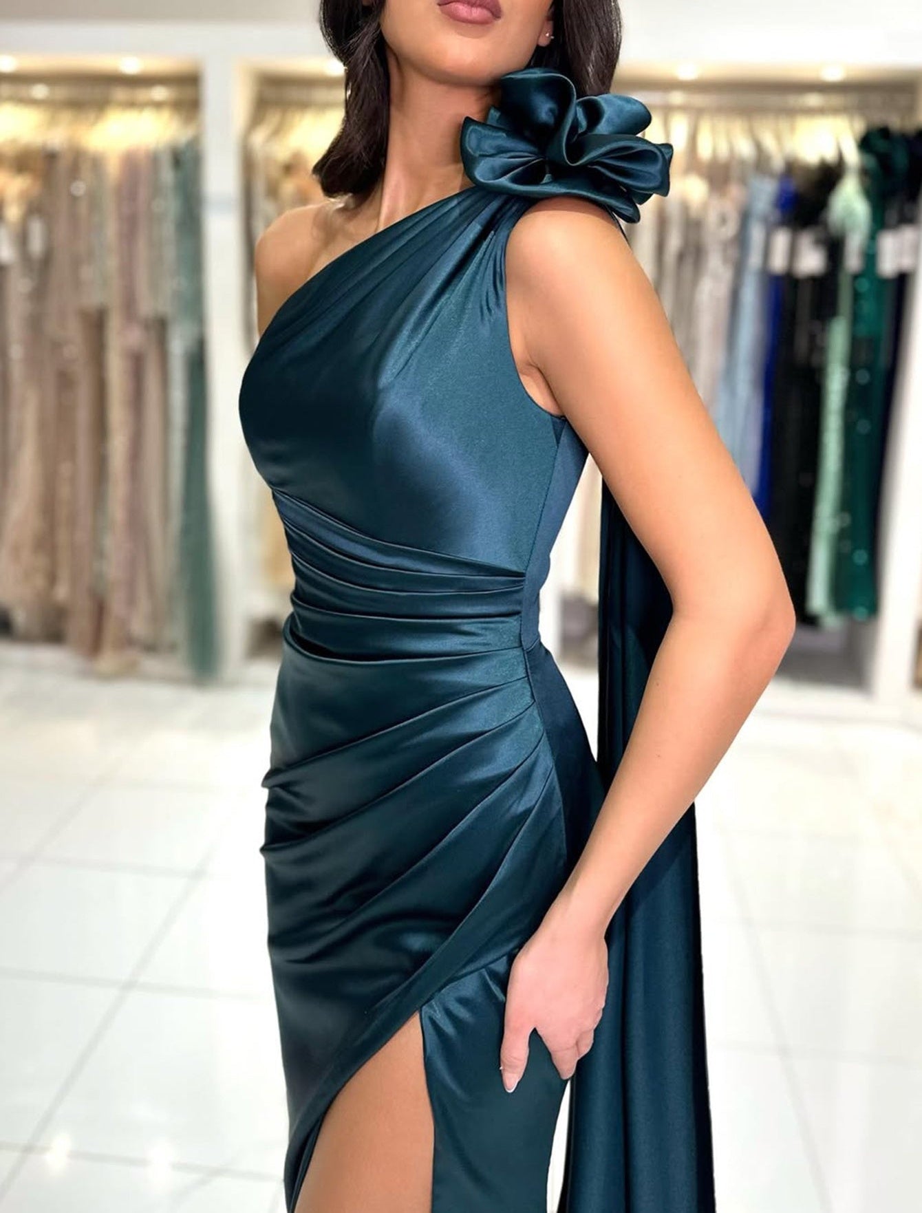Hand Made Flower One Shoulder Satin Prom Dress With Drop Train - Sage Green