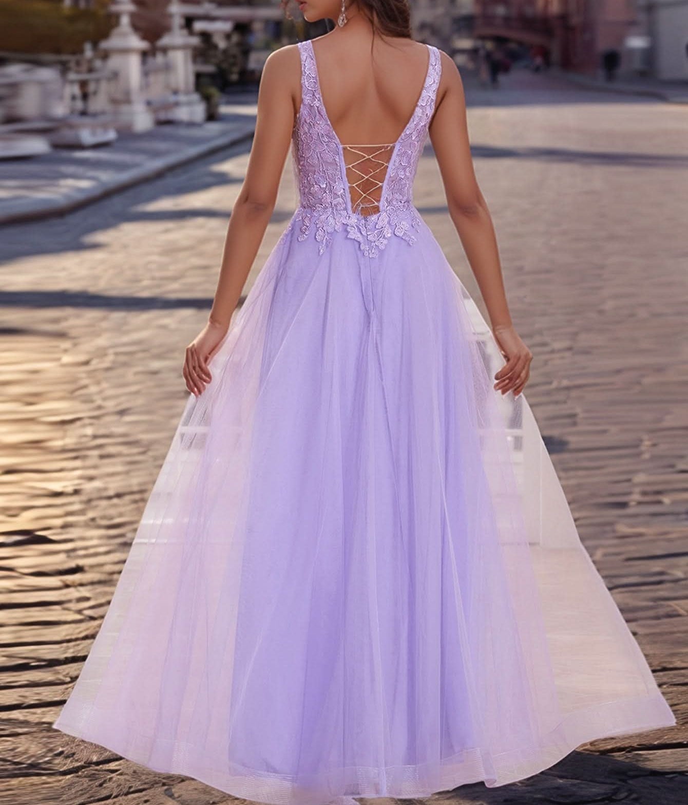 Lace Butterfly Tulle Floor Length A-Line Prom Dress - Lilac
