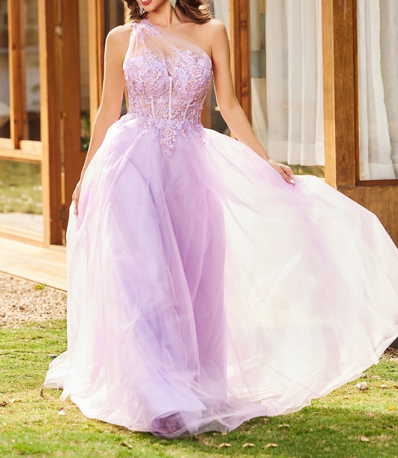 One Shoulder Illusion Bodice Boned Lace Embroidery Ball Gown Prom Dress - Lilac