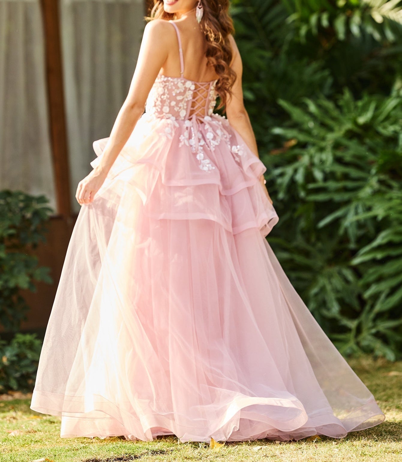 3D Embroidery Asymmetrical Tiered Ball Gown Prom Dress - Pink