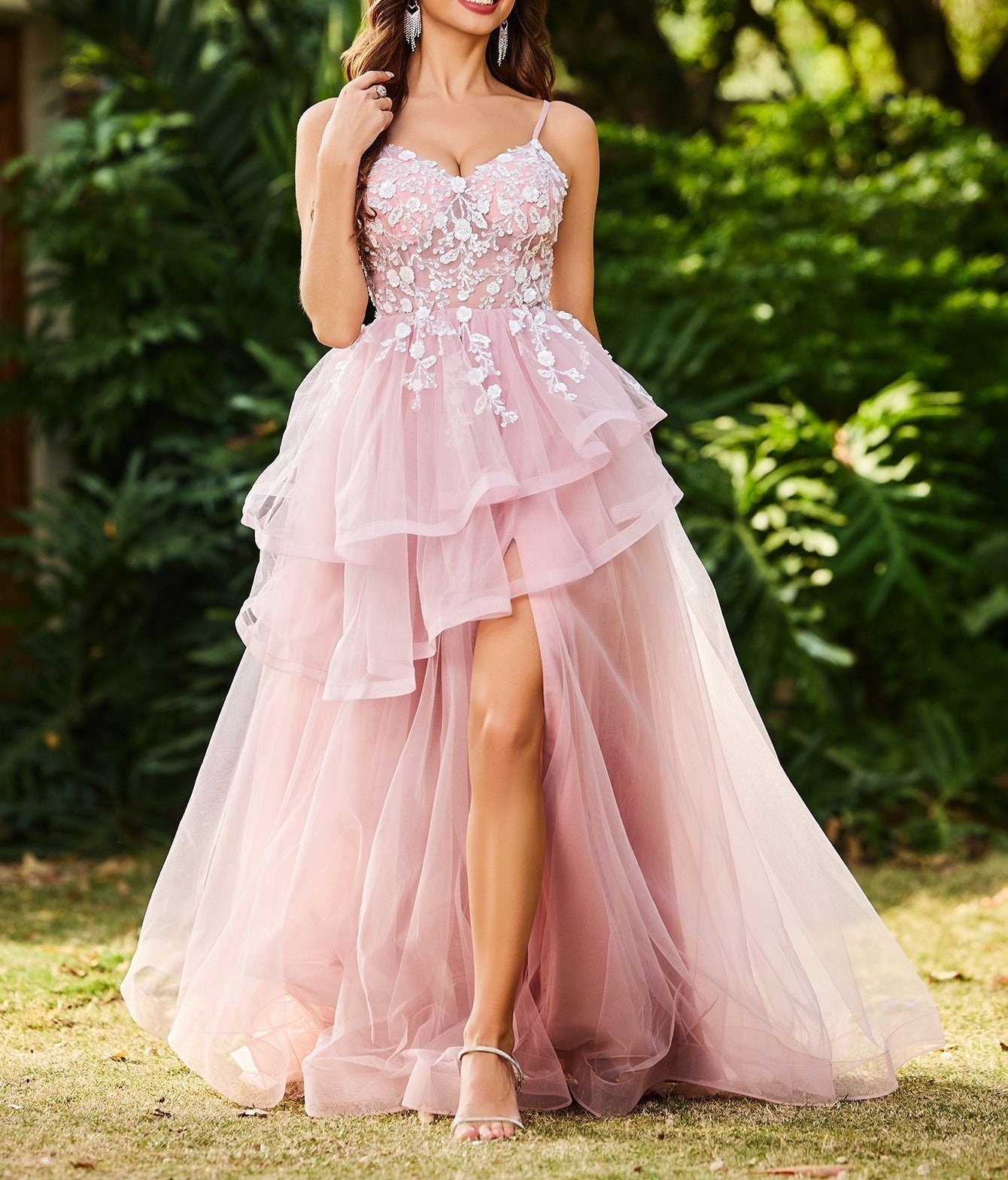 3D Embroidery Asymmetrical Tiered Ball Gown Prom Dress - Pink