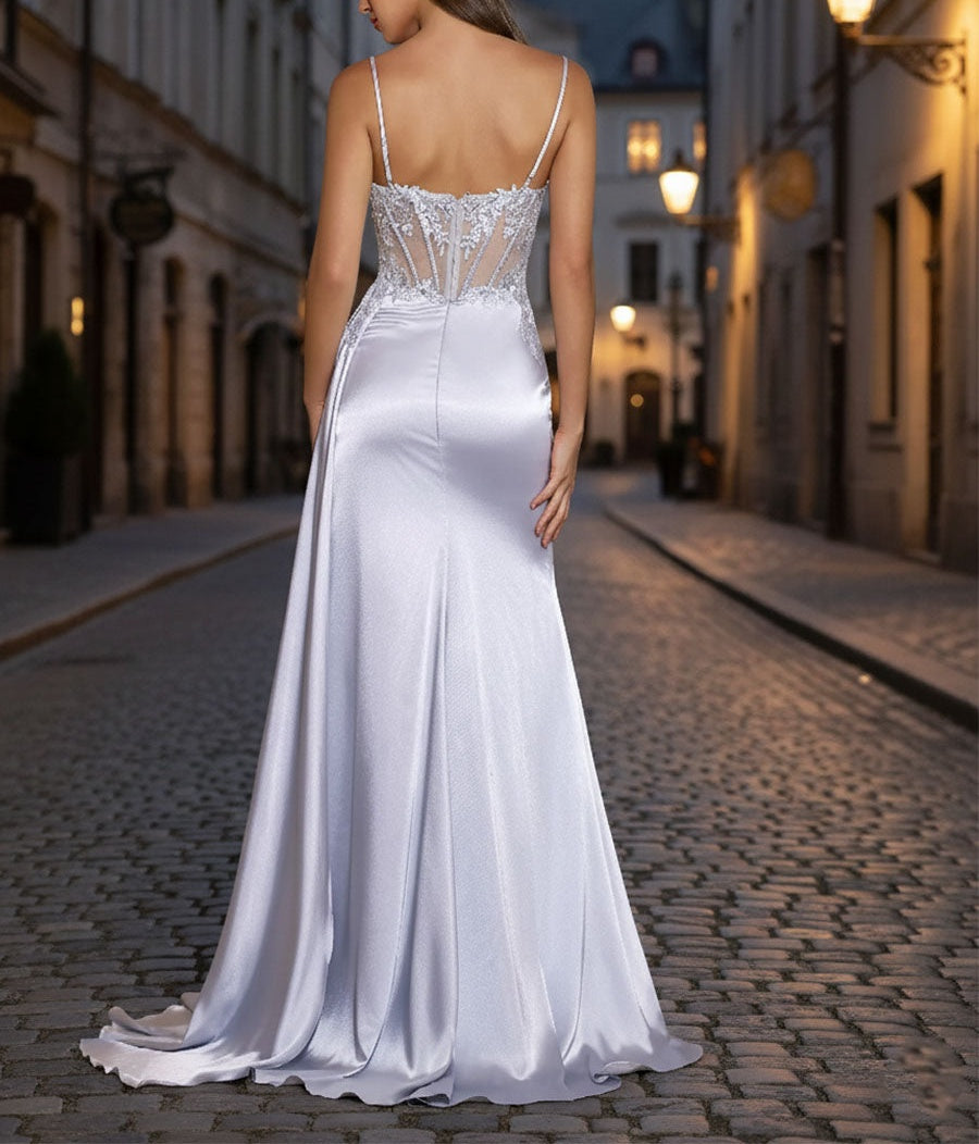 Sheath Spaghetti Straps Appliques Lace Satin Corset Prom Dress with Slit