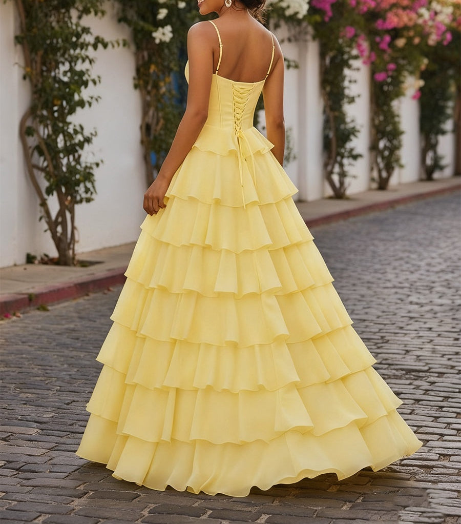 A Line Cowl Neck Chiffon Satin Tiered Ruffle Prom Dress