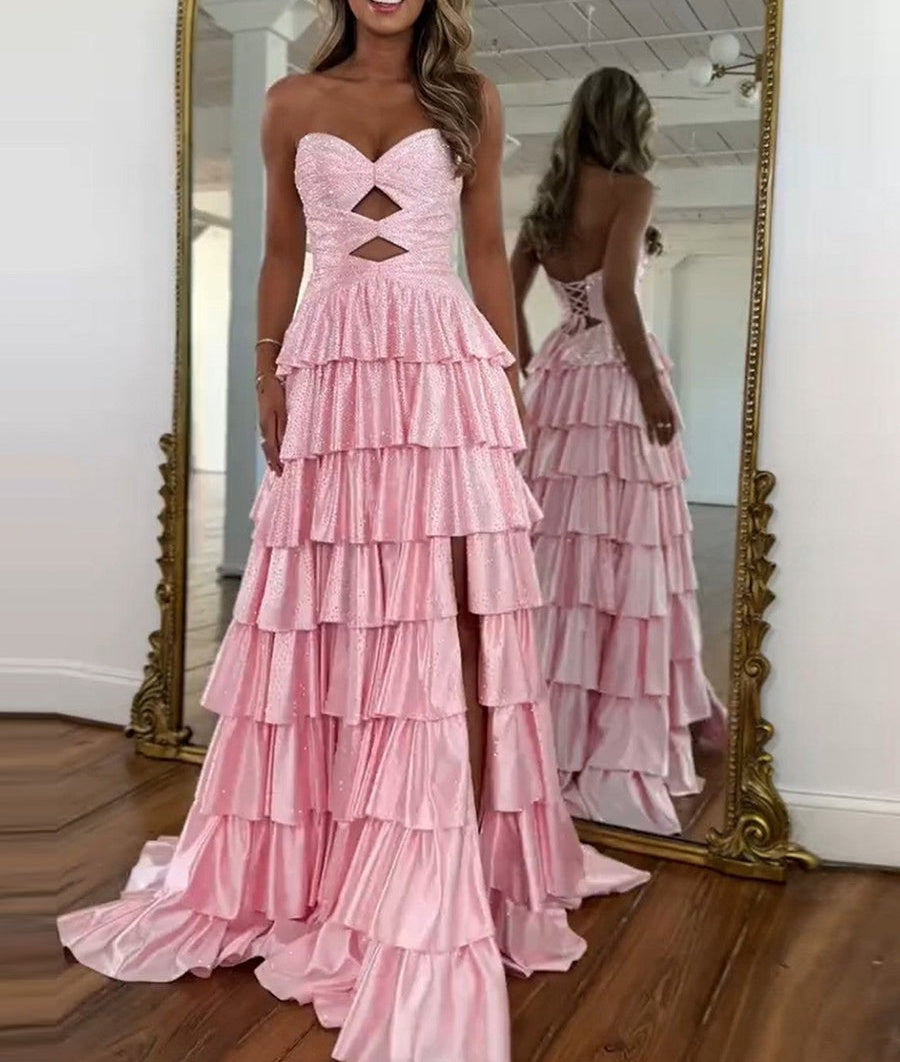 A Line Strapless Sweetheart Satin Prom Dress with Keyhole
