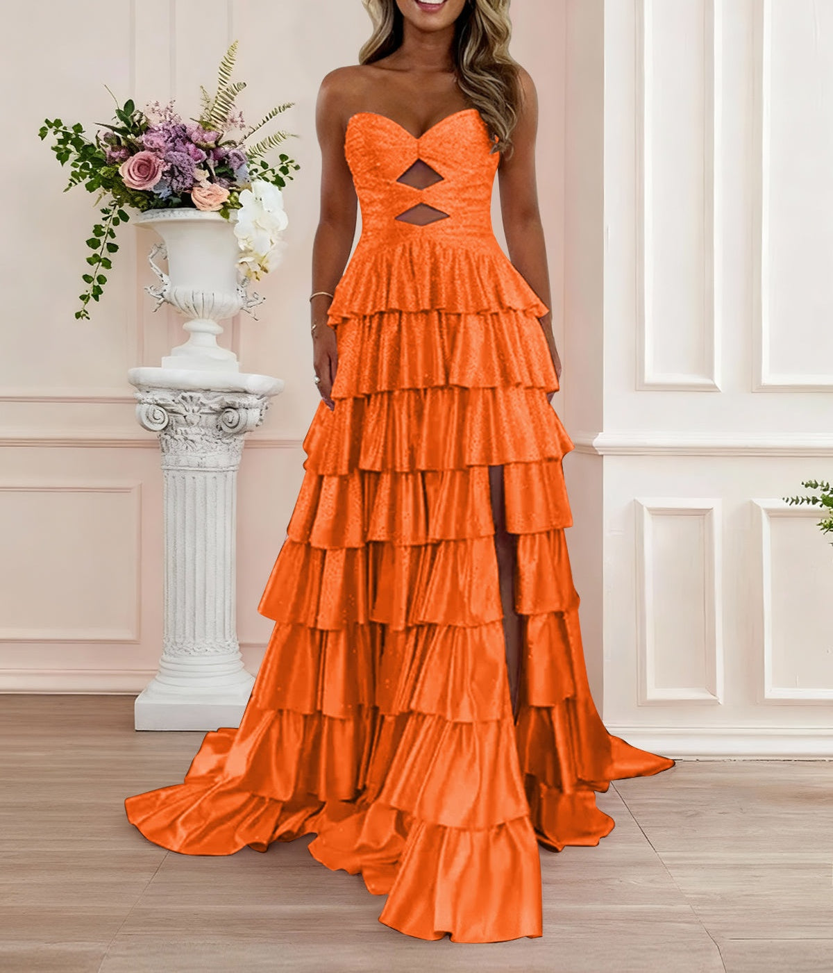 A Line Strapless Sweetheart Satin Prom Dress with Keyhole