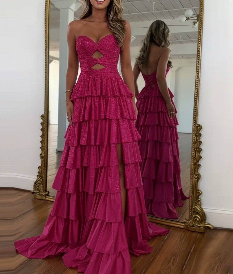 A Line Strapless Sweetheart Satin Prom Dress with Keyhole