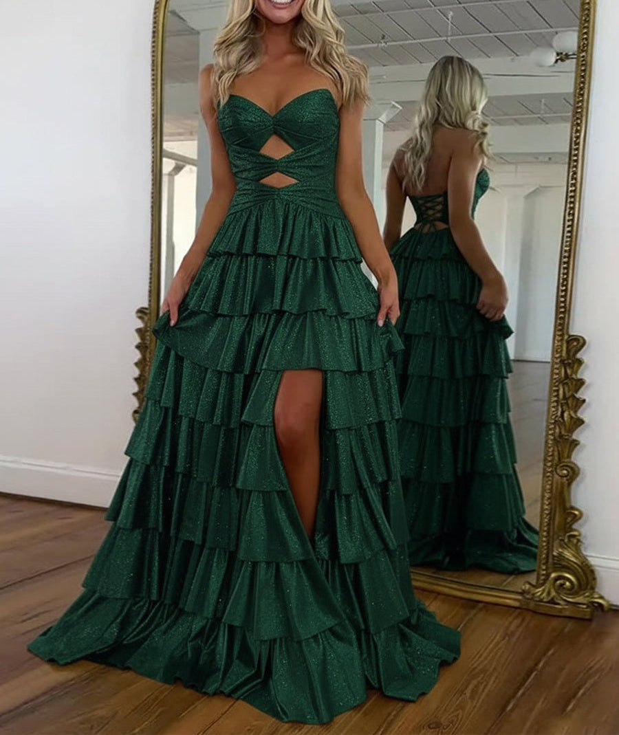 A Line Strapless Sweetheart Satin Prom Dress with Keyhole