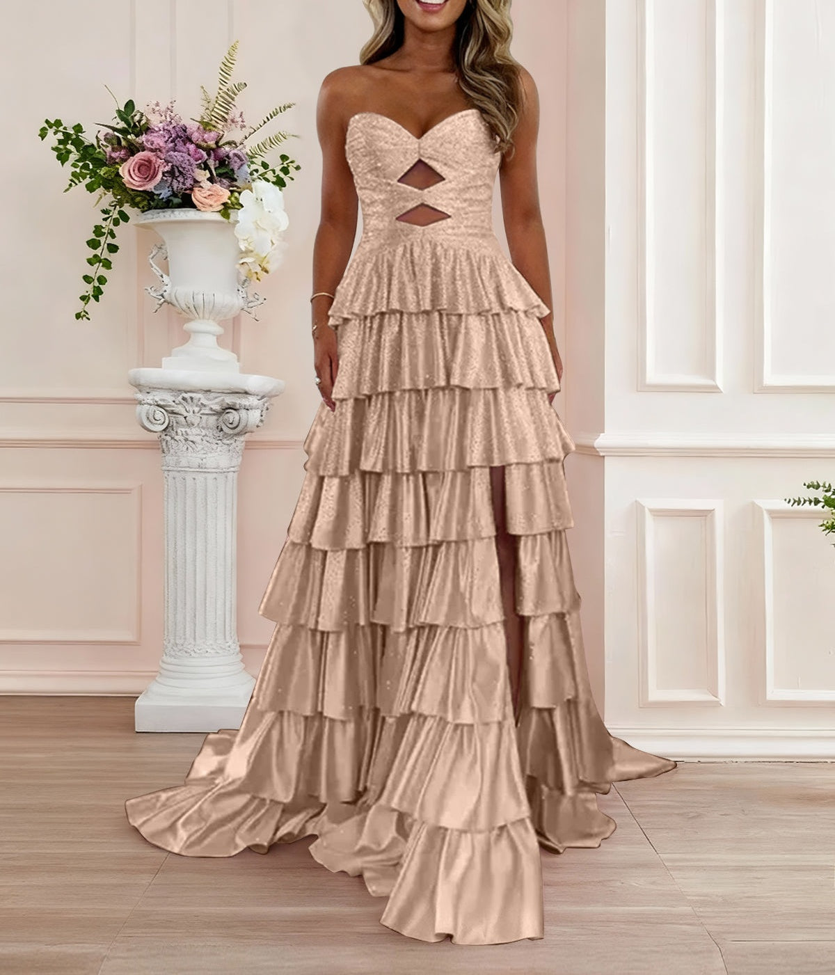 A Line Strapless Sweetheart Satin Prom Dress with Keyhole
