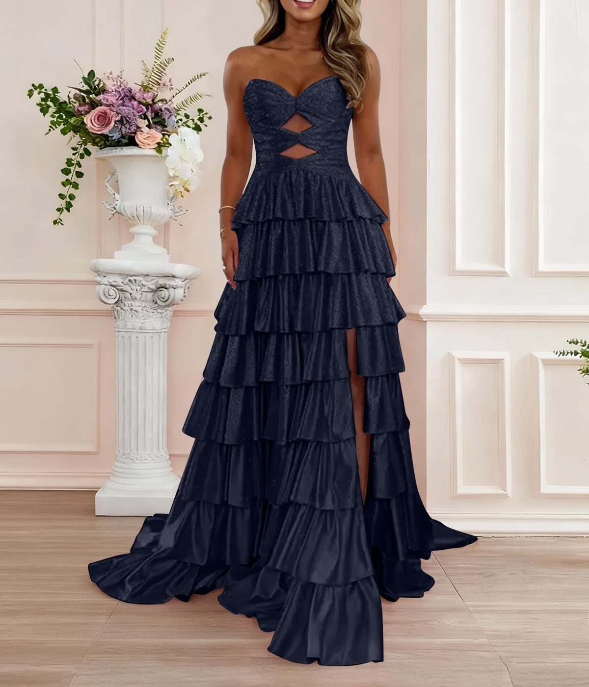 A Line Strapless Sweetheart Satin Prom Dress with Keyhole